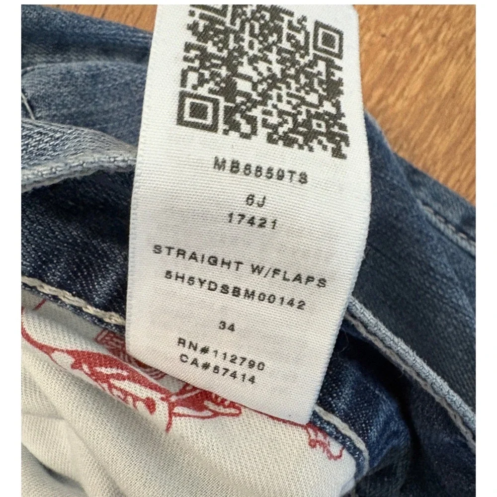 True Religion Straight Leg Jeans Mens 34 Blue Distressed Denim Flap Pockets